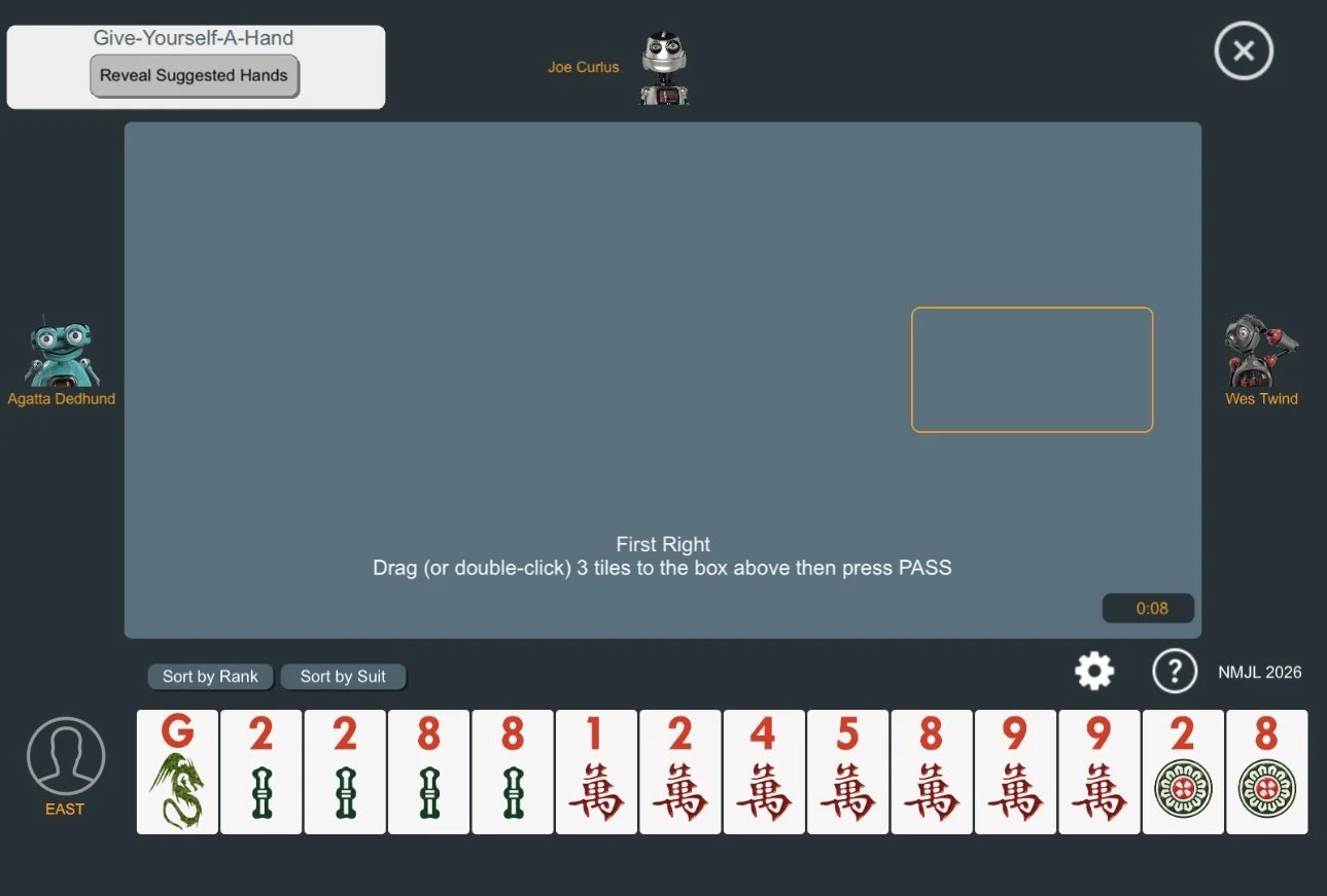The same Charleston Practice rack in I Love Mahj after using Sort by Suit to group matching suits and numbers.