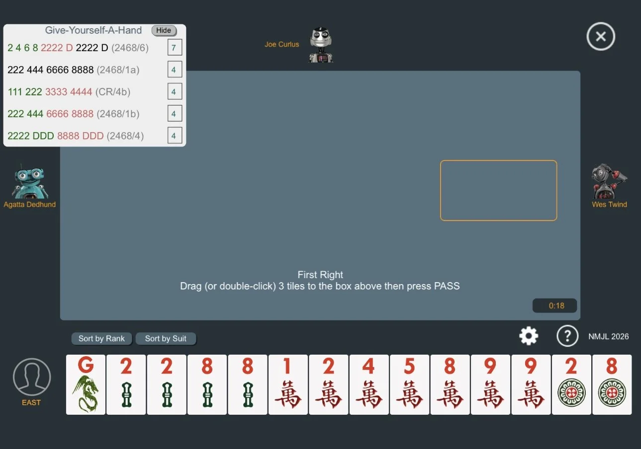 I Love Mahj suggested hands, with seven matching tiles shown for the top option and four for the other options.