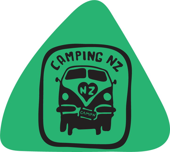 Illustration of a vintage camper van with a heart on the front, surrounded by the text 'Camping NZ'.