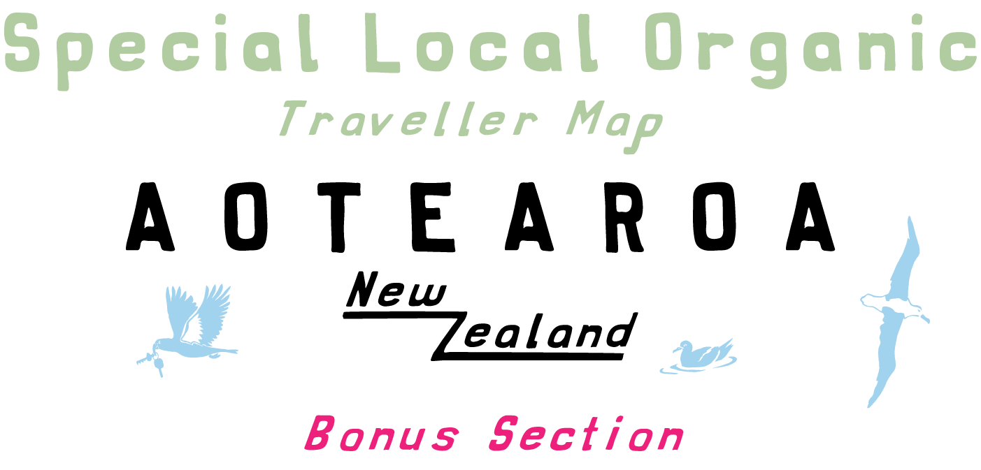 Title text reading 'Special Local Organic Traveller Map' with images of three flying and one swimming bird or waterfowl and a 'Bonus Section' label in pink.