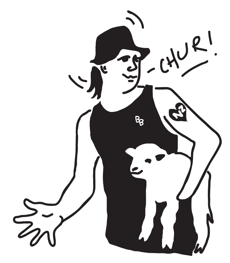 Black and white cartoon of a woman with short hair, wearing a sleeveless shirt with the initials "BB," and a heart tattoo on her arm. She is standing with a piglet at her side, smiling. The word "CHUR!" is written in a speech bubble next to her head.