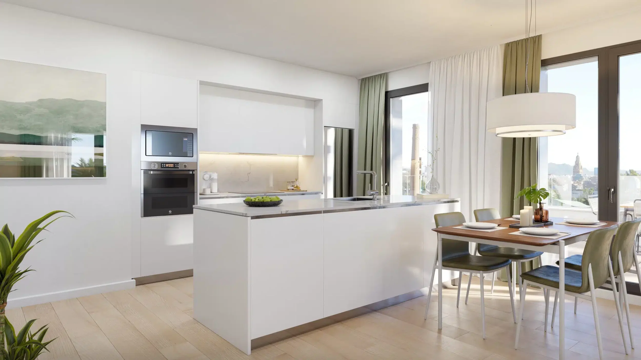 Modern white kitchen and dining area with large windows showing city skyline, table set for four with dinnerware, green plants, and a pendant light.