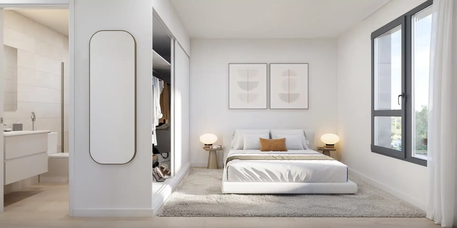 Bright bedroom with a white bed, two nightstands with lamps, and a window with curtains. Artwork on the wall and an open closet with clothes inside.