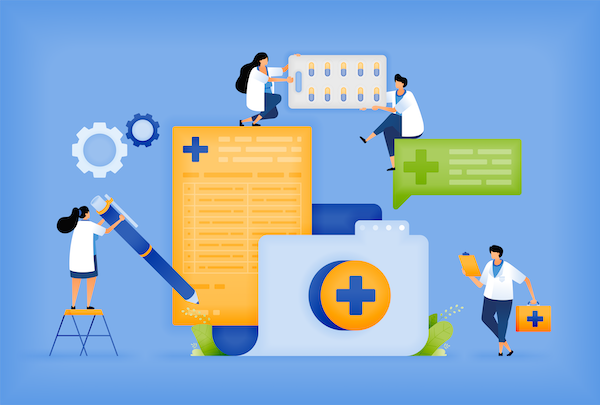 Illustration of healthcare professionals working with medical documents, a medication bottle, and a first aid kit, representing medical care and health services.