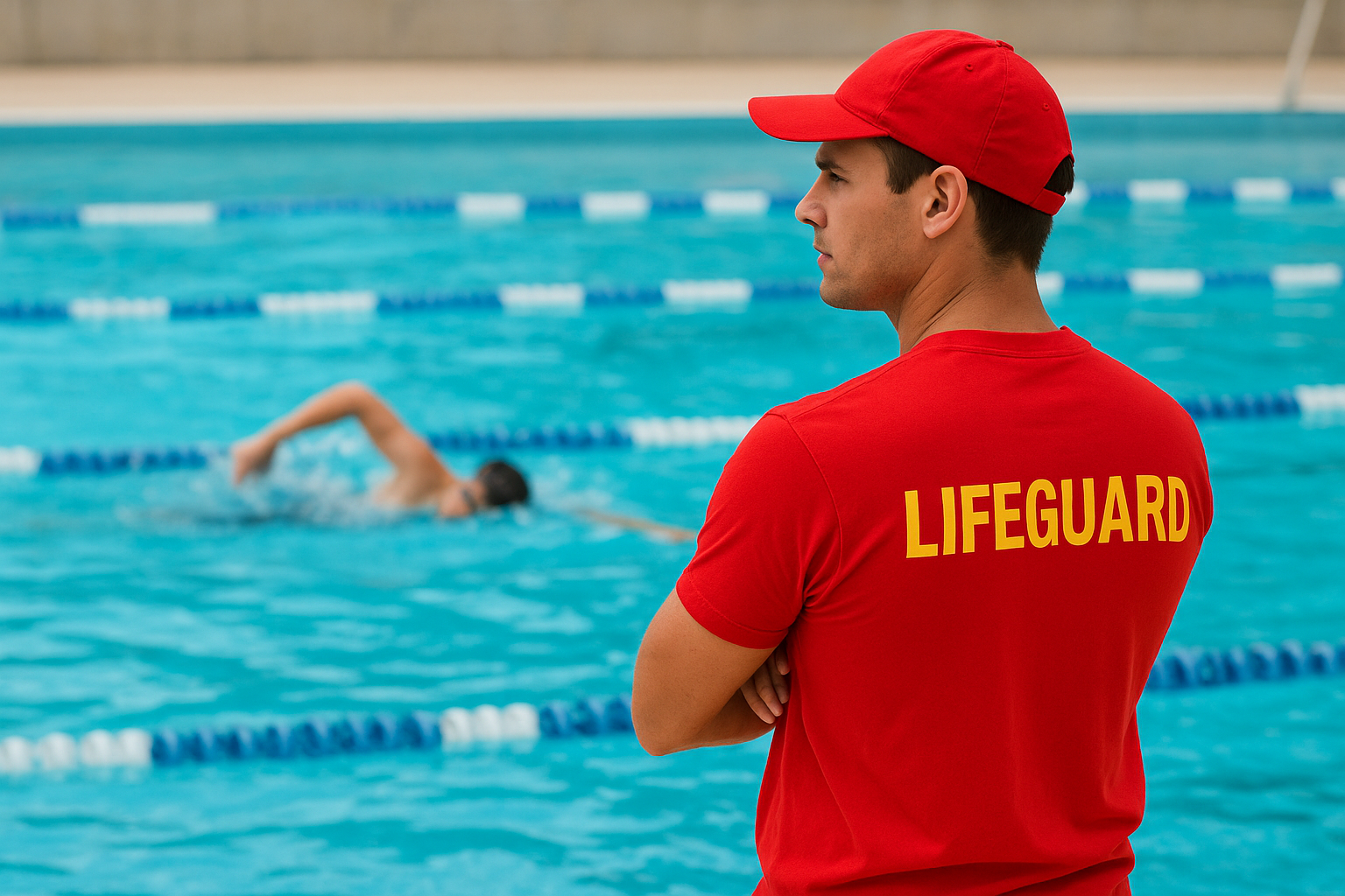 People swimming and playing in an indoor pool at a water park or aquatic center, with colorful slides and stairs in the background, and a sign that instructs supervising children at all times.
