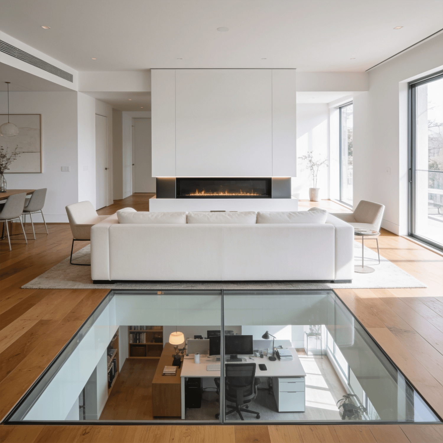 Modern living room with a white sofa, beige armchair, fireplace, large windows, and view of a home office below.