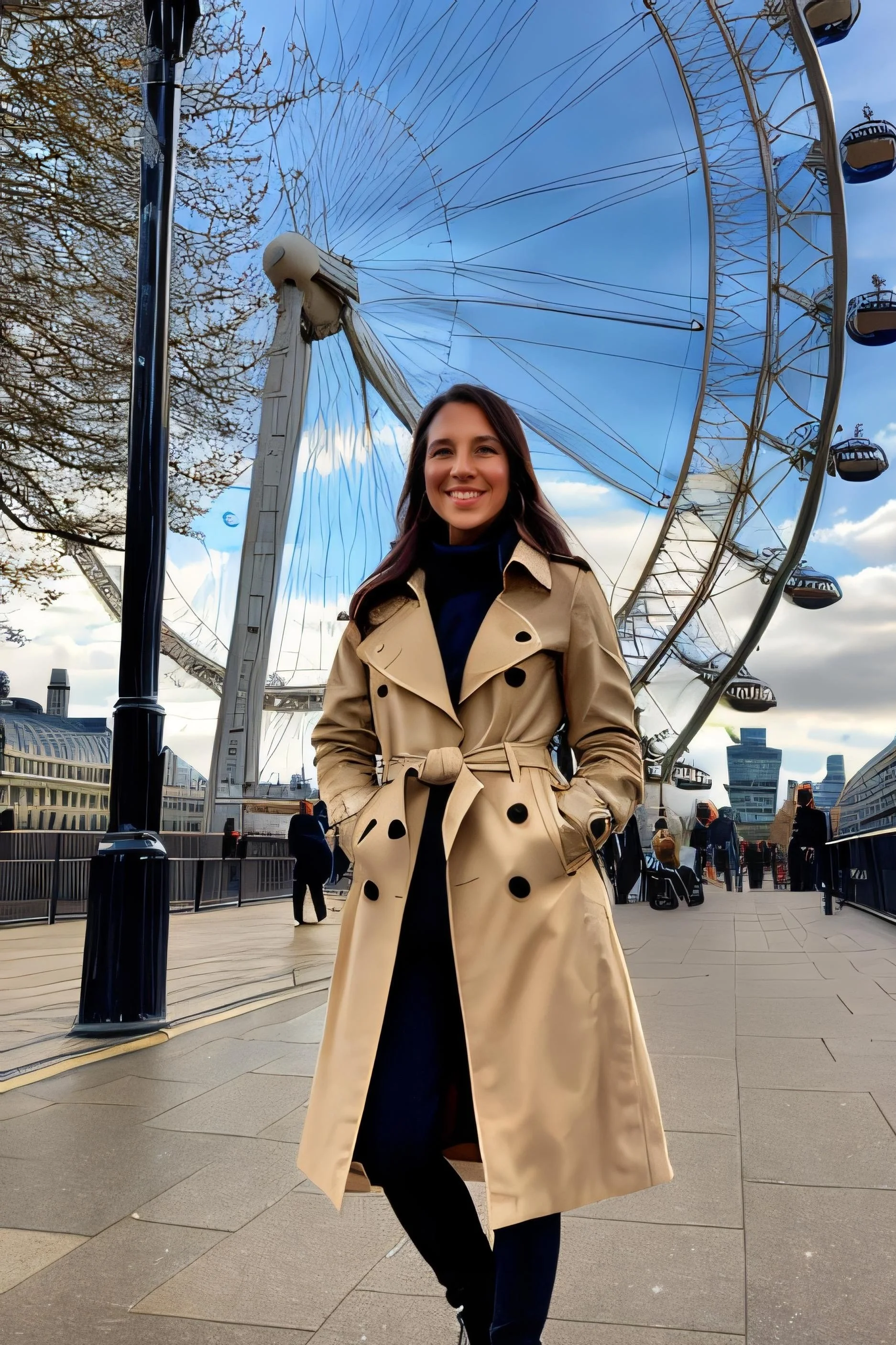 A woman in a beige trench coat smiling in front of a large Ferris wheel at an outdoor city location.