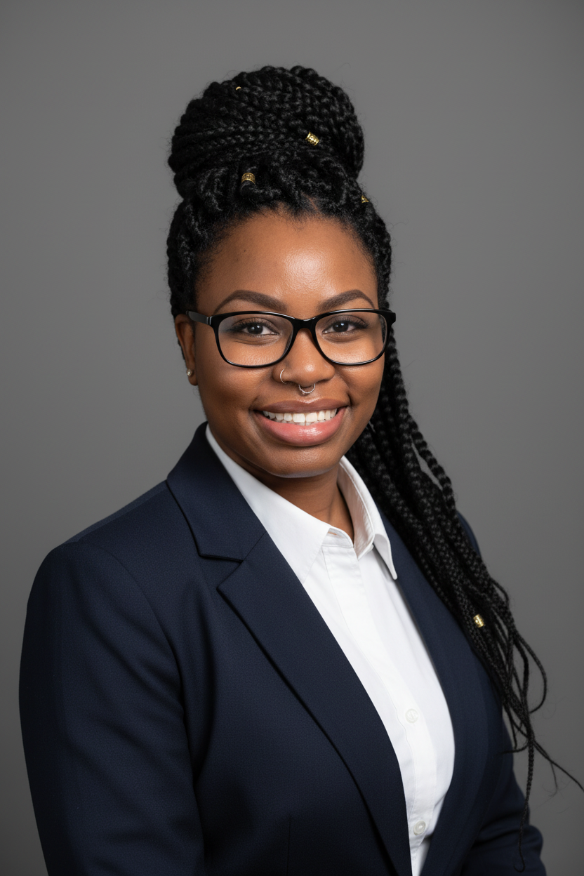 A woman with glasses, braided hair in a bun decorated with gold beads, wearing a navy blazer over a white shirt, smiling against a grey background.