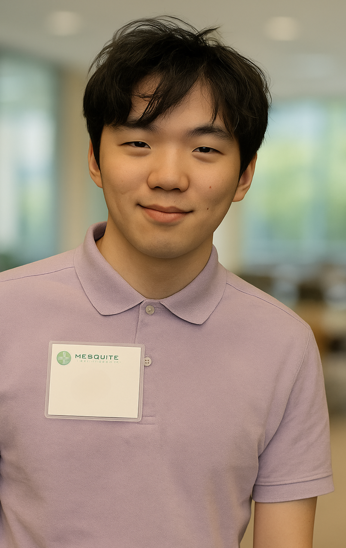 A young man with black hair smiling, wearing a light purple polo shirt with a name tag that says 'MESQUITE' and a green logo, standing indoors with blurred windows in the background.