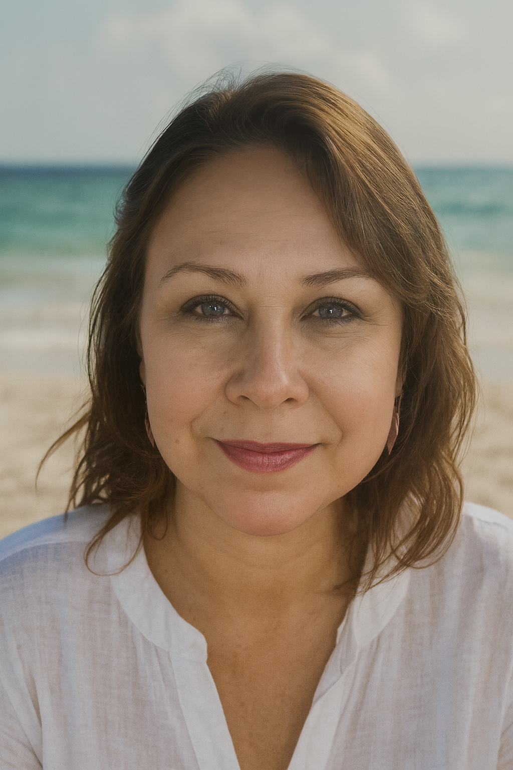 Close-up of a woman with light brown hair and blue eyes smiling, with a beach and ocean in the background.