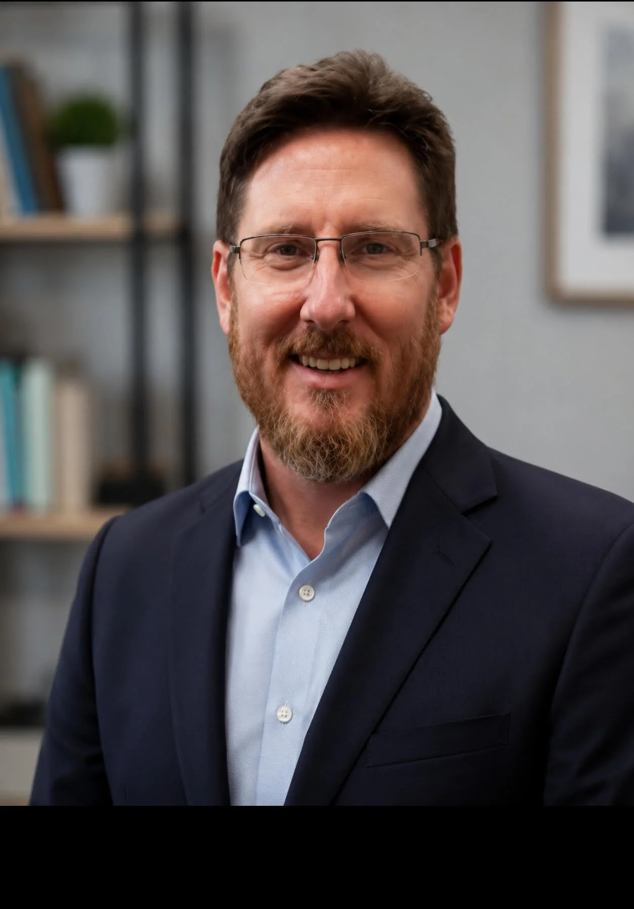Portrait of a man with glasses and a beard, smiling, wearing a dark suit jacket over a light blue shirt, in an office or library setting with books and a framed picture in the background.