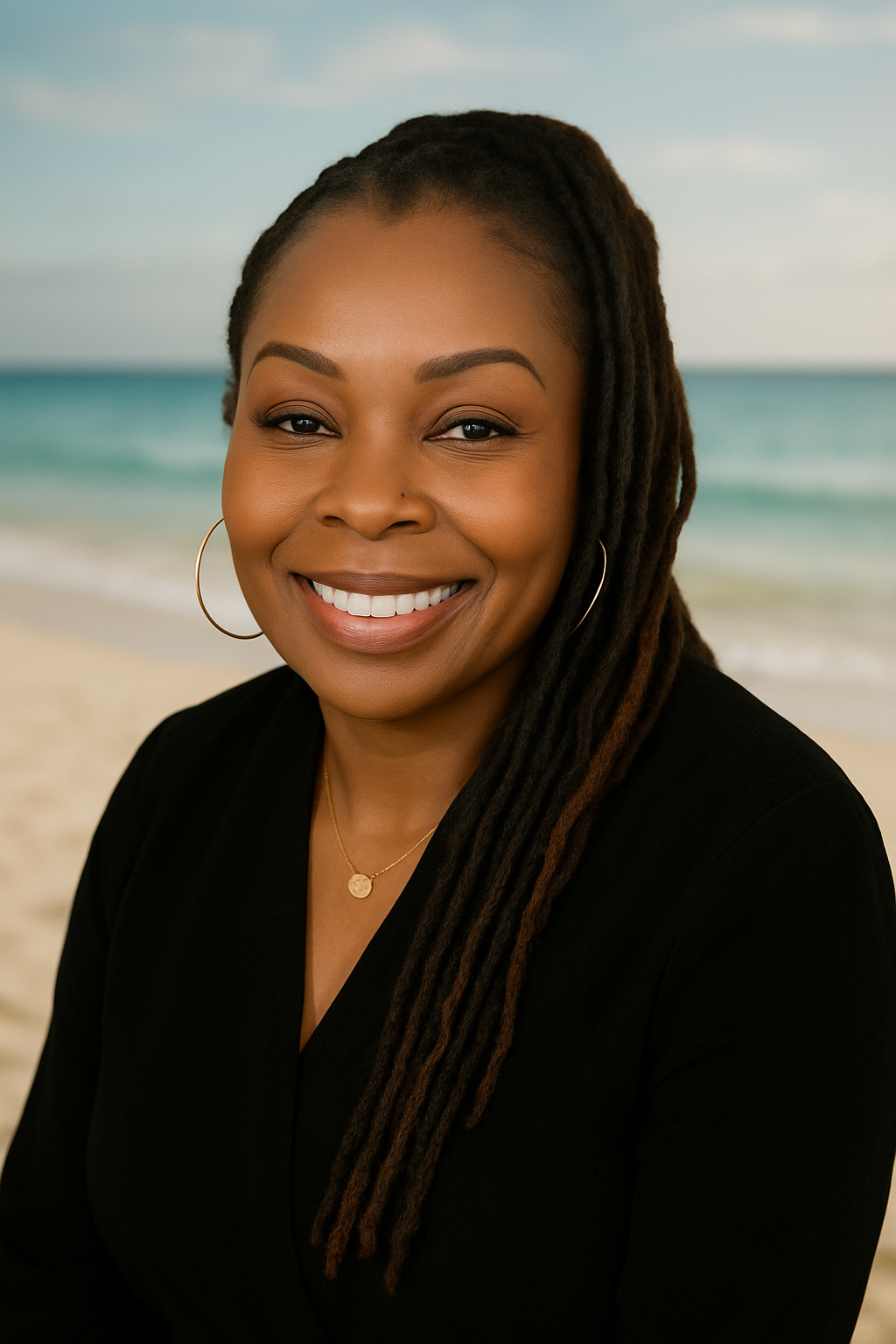 A woman smiling with long dreadlocks, wearing gold hoop earrings, a delicate gold necklace, and a black top, standing in front of a beach scene with sand and ocean waves under a cloudy sky.