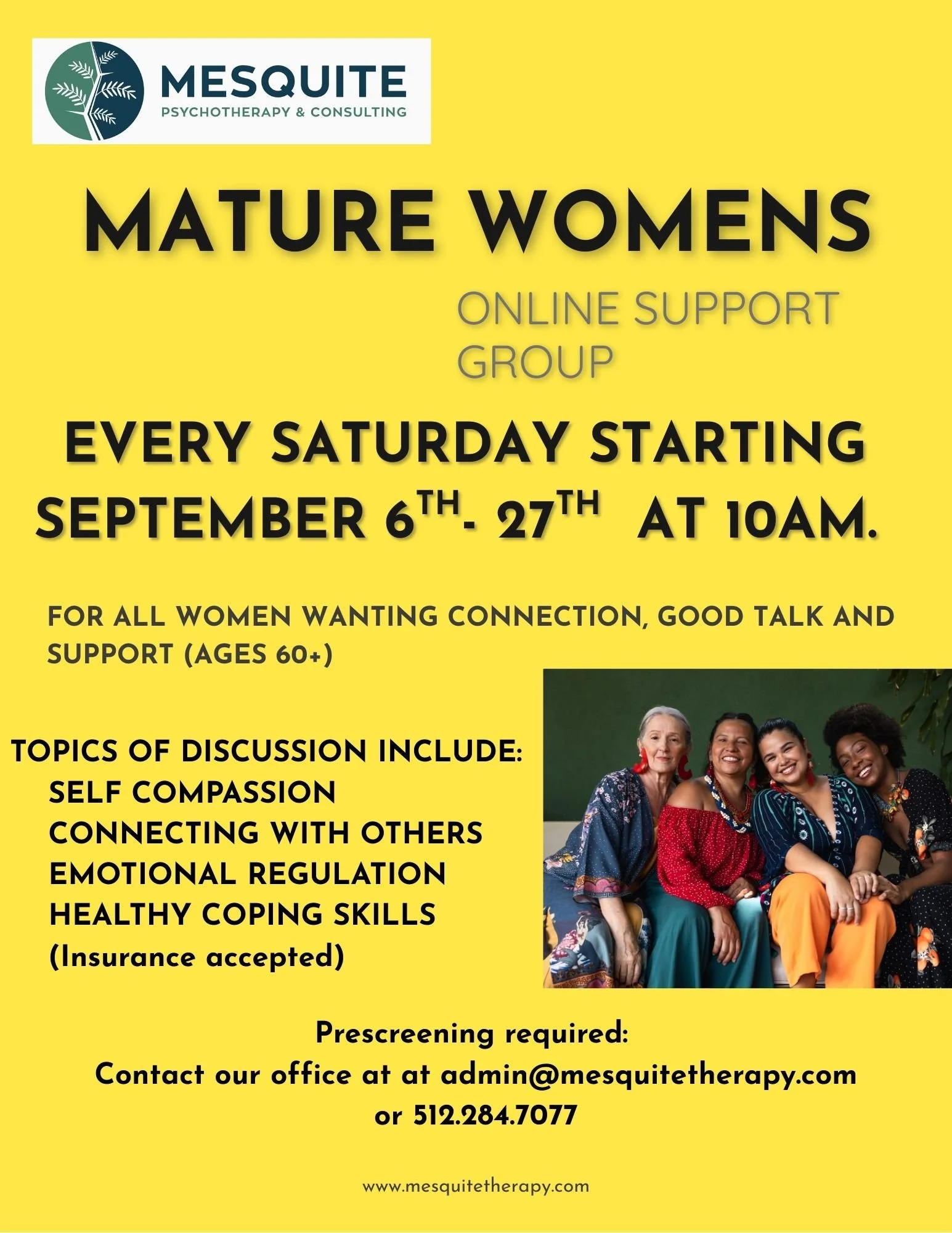 Flyer for an online support group for mature women, offering weekly sessions starting September 6th through 27th at 10 am, with topics including self compassion, connecting with others, emotional regulation, healthy coping skills, and insurance acceptance, with a photo of four women smiling.