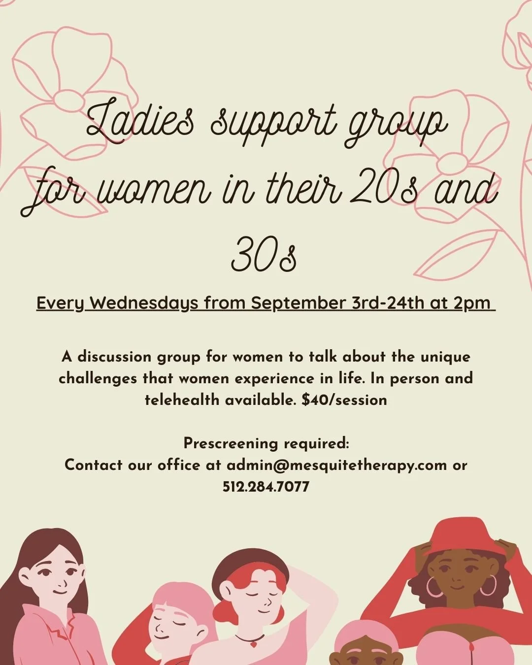 Flyer for a ladies support group for women in their 20s and 30s, held every Wednesday from September 3rd to 24th at 2pm. The flyer features illustrations of diverse women and includes contact information for registration.