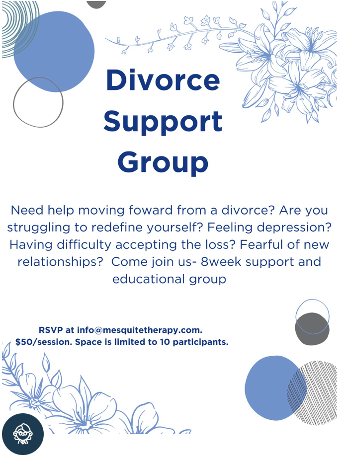 Flyer for a divorce support group, featuring floral and geometric blue-themed design elements, providing contact info and details about an 8-week educational and support program.