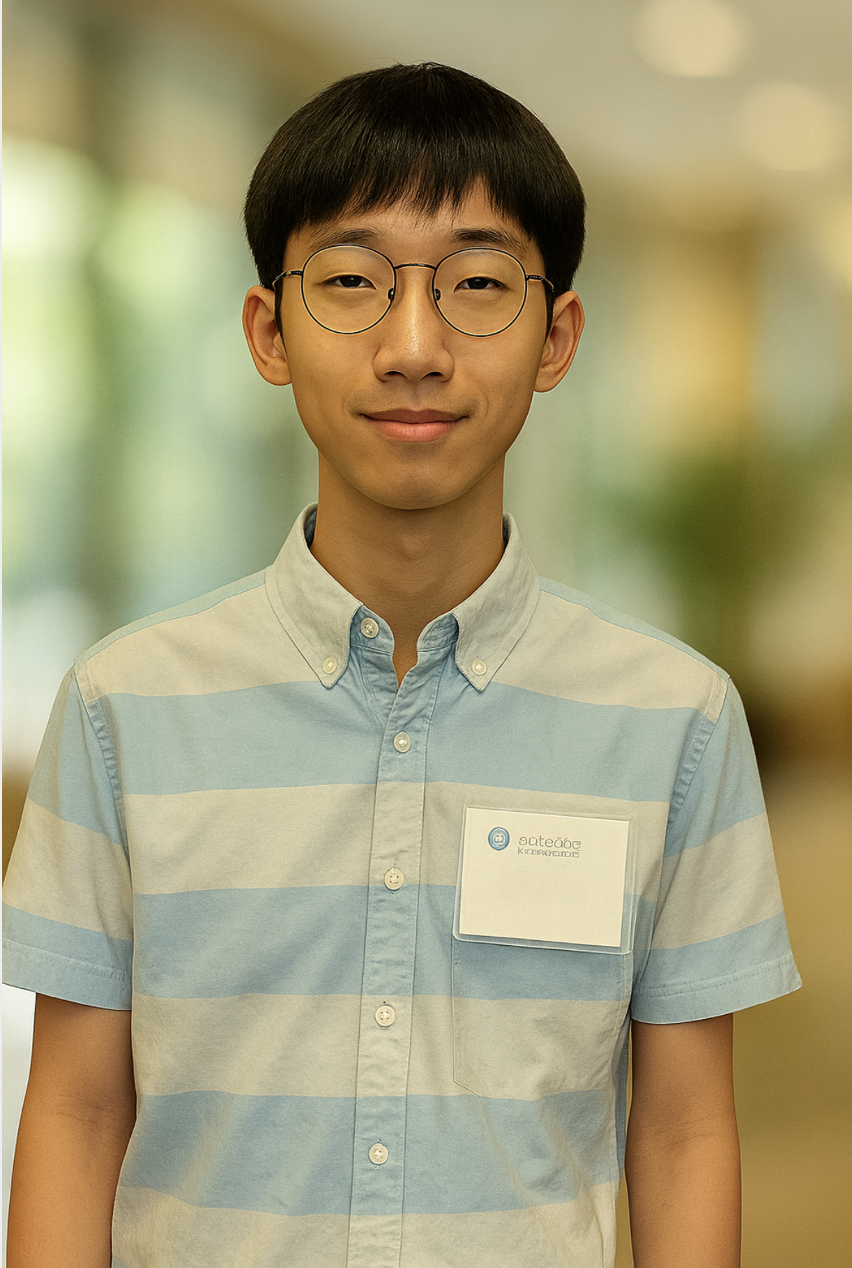 A young man with glasses wearing a light blue and white striped button-up shirt and a name badge, standing in a blurred indoor background.