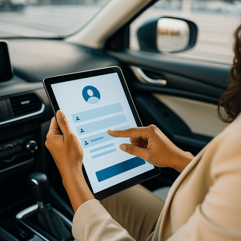 A person in a beige jacket using a tablet to log into an account in a car, with a blurred cityscape visible through the window.