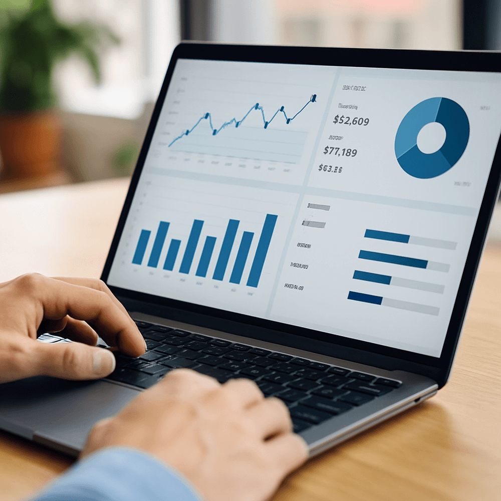 Person analyzing a laptop screen showing financial graphs and charts, including a line graph, bar chart, and pie chart.
