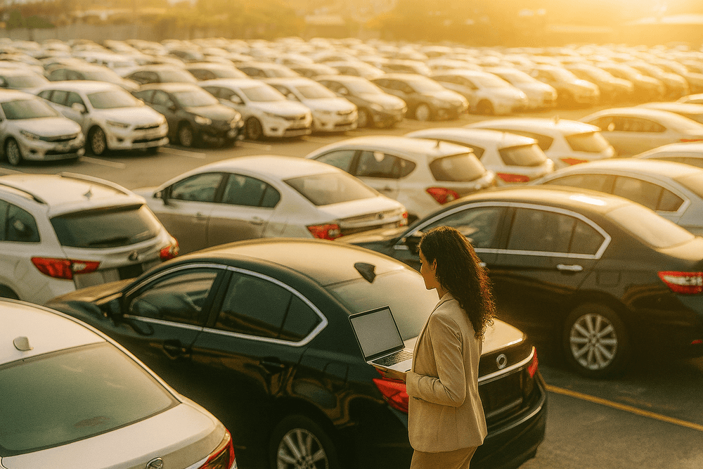 A woman in a light-colored suit using a laptop on her car in a parking lot during sunset.
