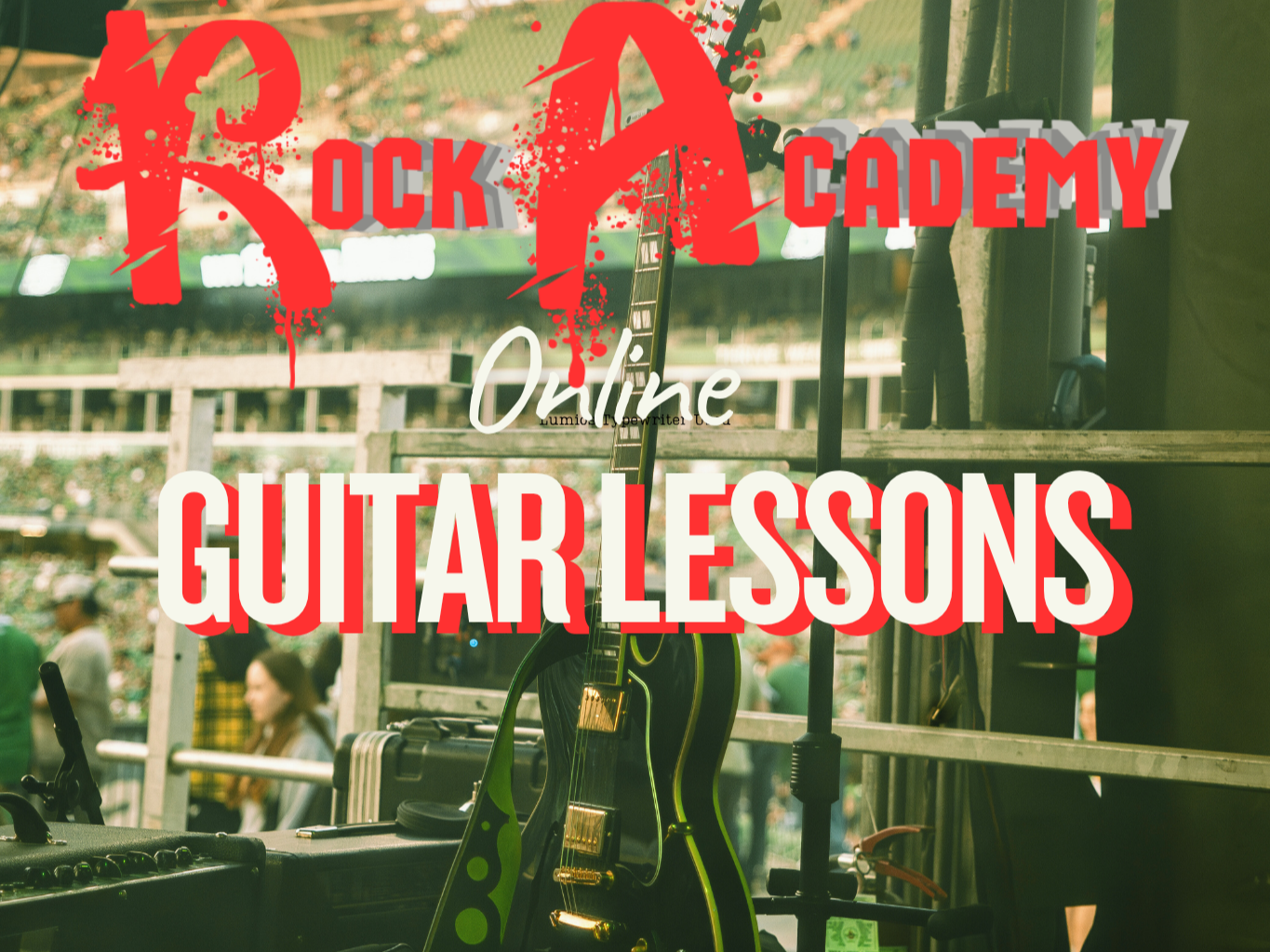 Promotional image for Rock Academy Online Guitar Lessons, showing an acoustic guitar, guitar accessories, and a crowd at an outdoor venue.