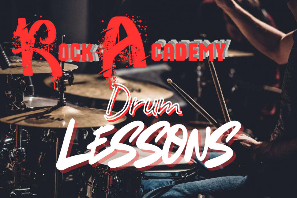 A person playing a drum set in a dimly lit music studio with the text overlay 'Rock Academy Drum Lessons' in bold, stylized fonts.