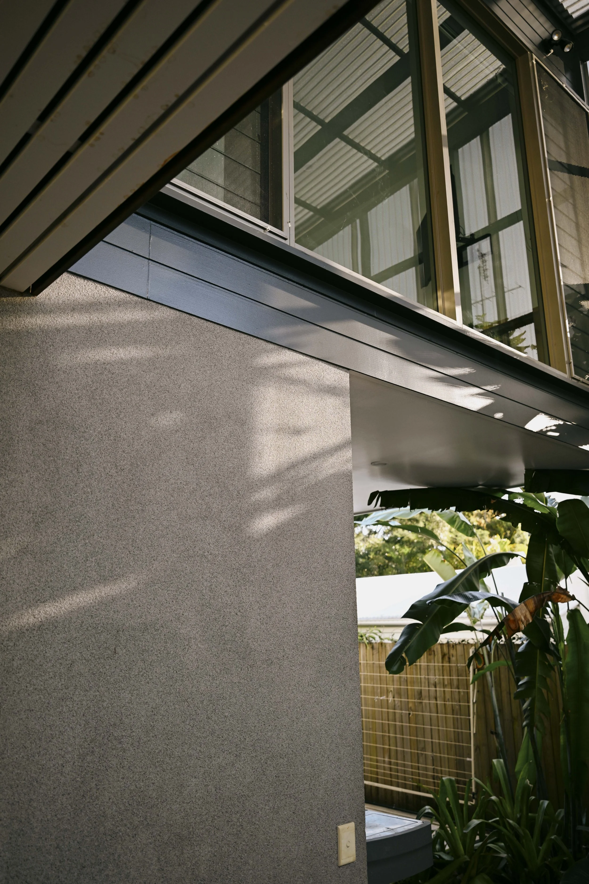 Modern house with large glass windows, a textured wall, and tropical plants outside.