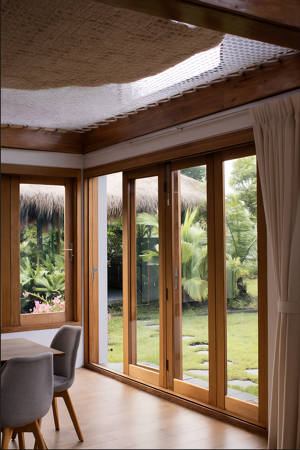 Interior of a room with large wooden framed sliding glass doors and windows, beige curtains, a wooden ceiling with a skylight, and a view of a lush garden with tropical plants outside.