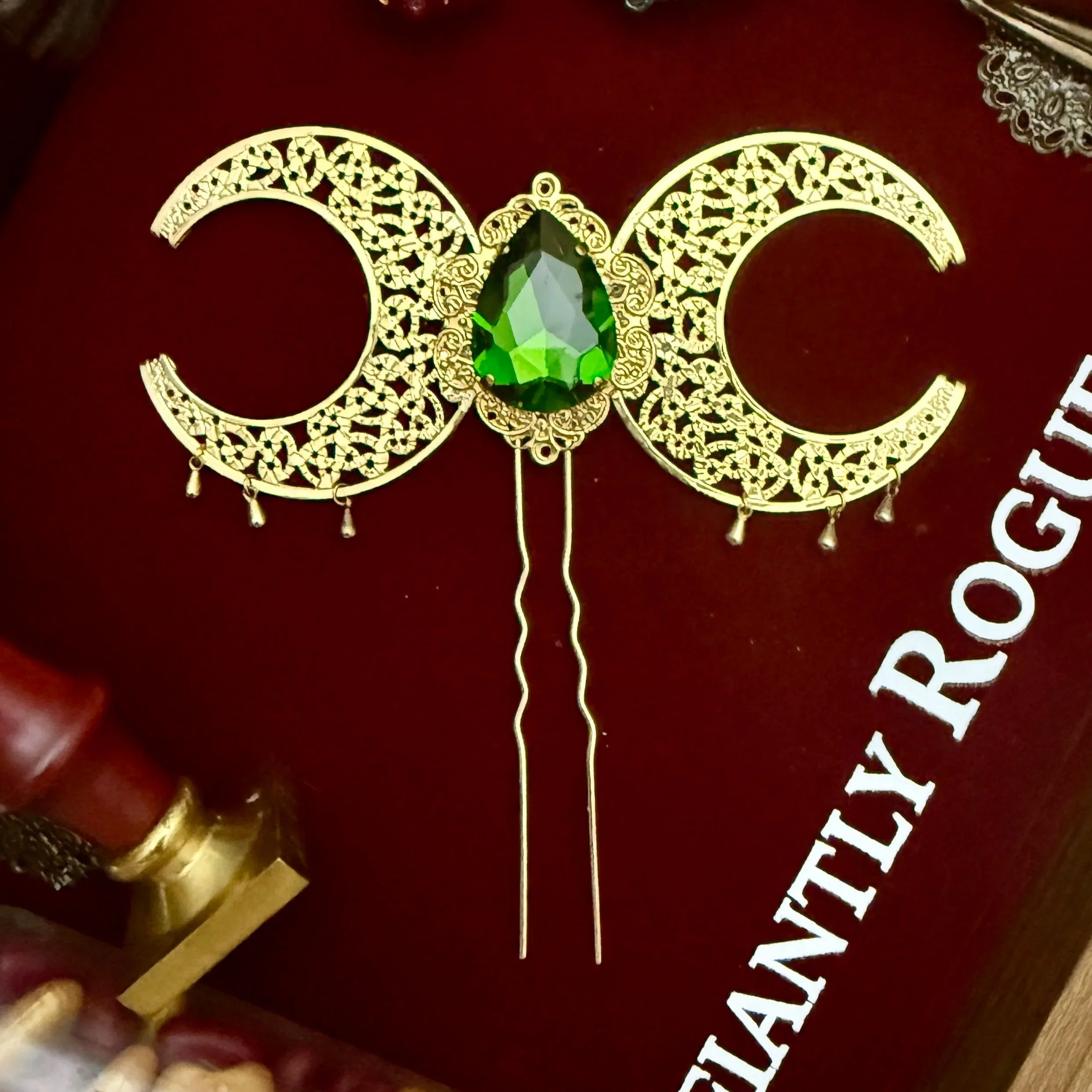 Emerald Green With Gold Crescent Moons Hair Pin