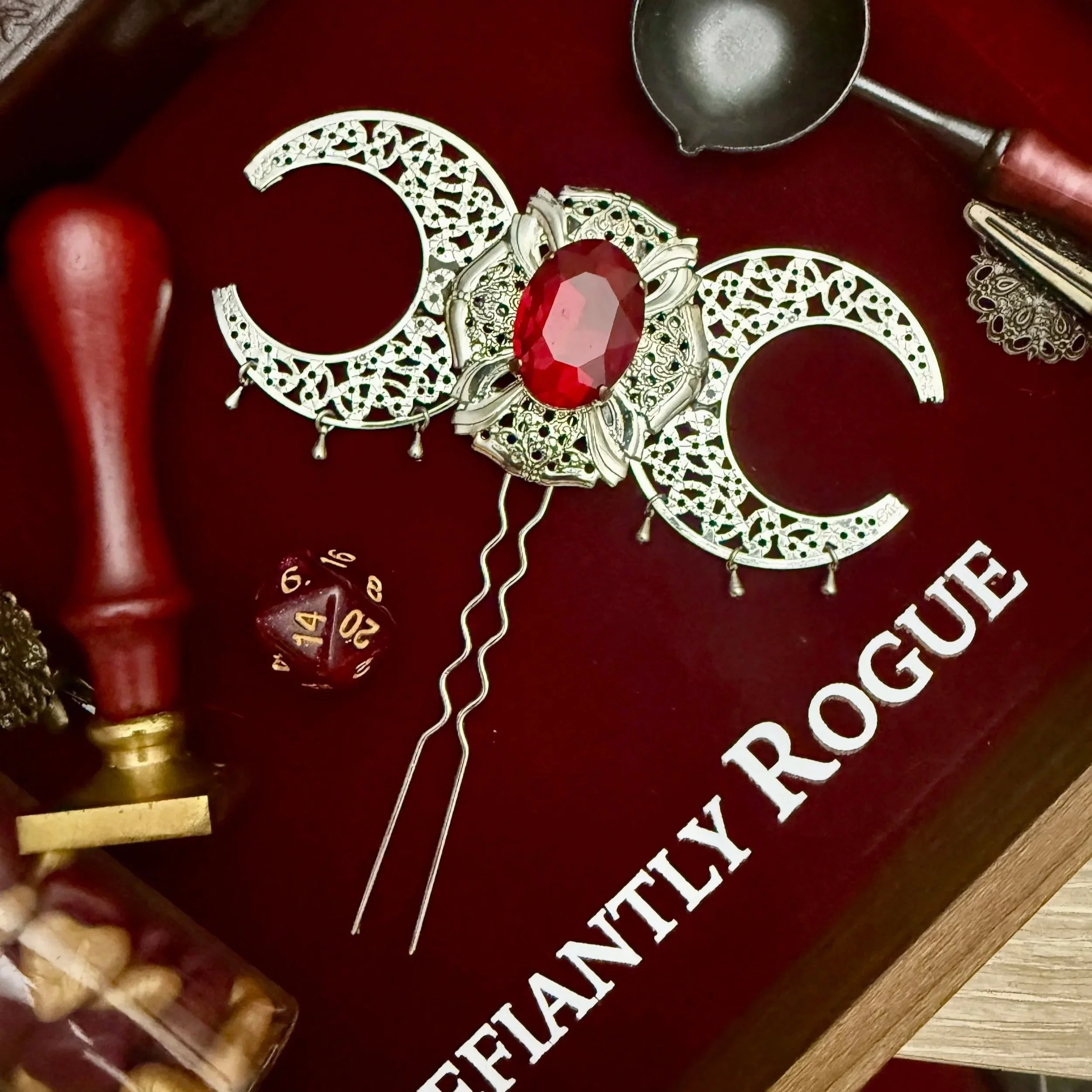 Ruby With Silver Crescent Moons Hair Pin