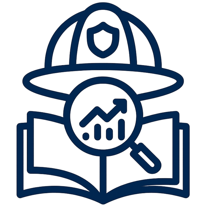 Line drawing of a sheriff's badge, a magnifying glass with a rising chart inside, an open book, and a police hat, symbolizing law enforcement and investigation.