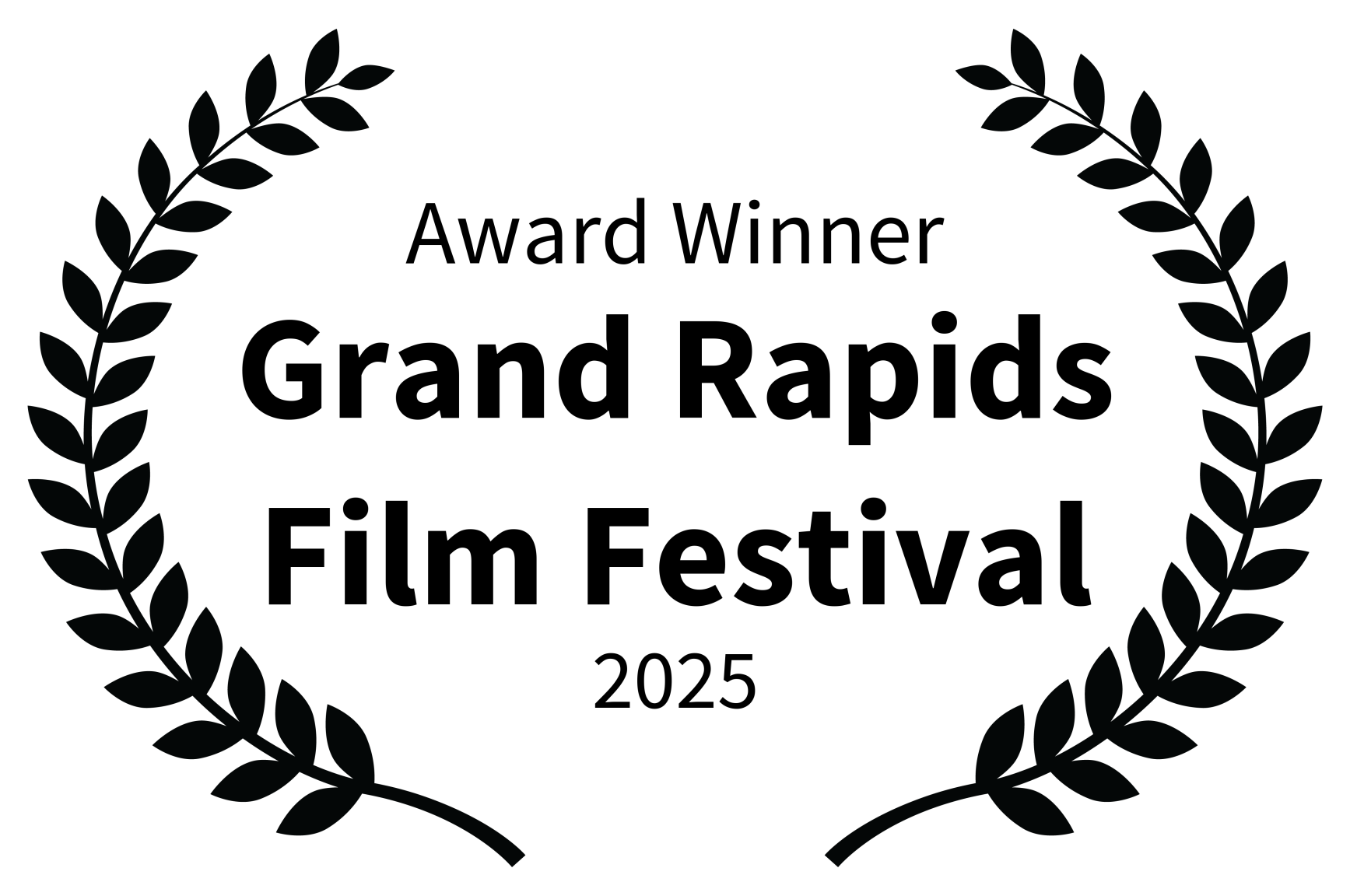 Black and white award emblem with laurel wreath, text reads "Award Winner Grand Rapids Film Festival 2025".