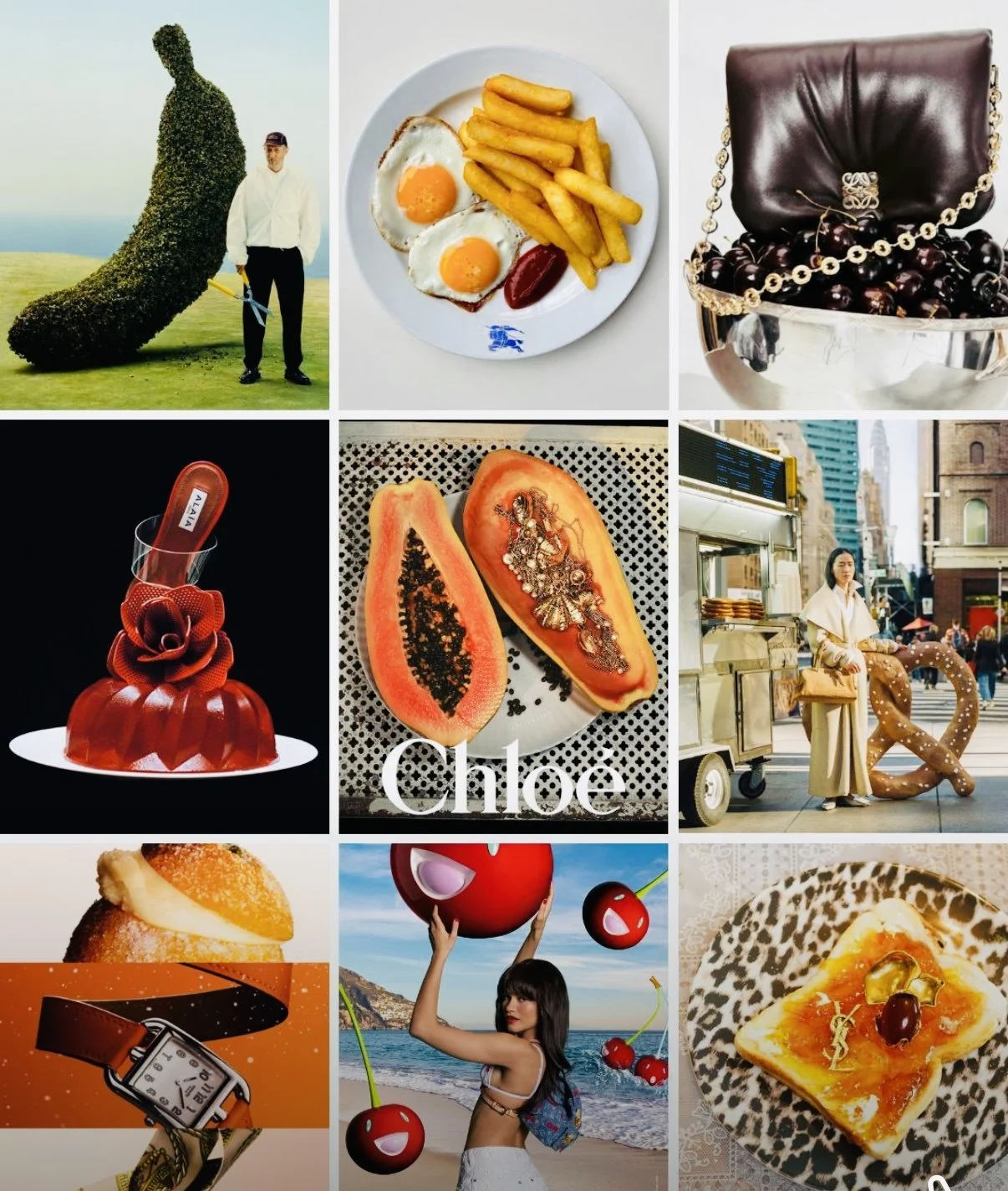 A collage of nine images including a man and large topiary, a breakfast with eggs and fries, a jewelry box with a chain, a red flower-shaped dessert, papaya fruit, a woman with a bun pretzel, a lemon dessert, a woman on the beach holding cherries and a cherry-shaped bag, and a piece of pastry with toppings.