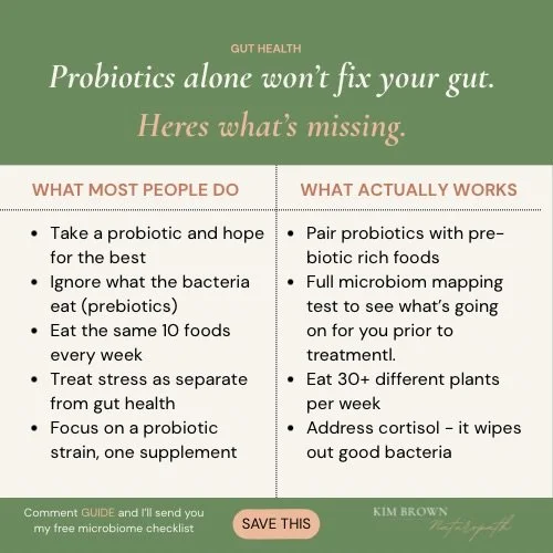 Most women I see have been taking a probiotic for years. And they still have bloating, skin flares, anxiety, and disrupted sleep.

Here&rsquo;s the thing &mdash; probiotics are only half the story.
Your good bacteria need to eat. Prebiotic foods (thi