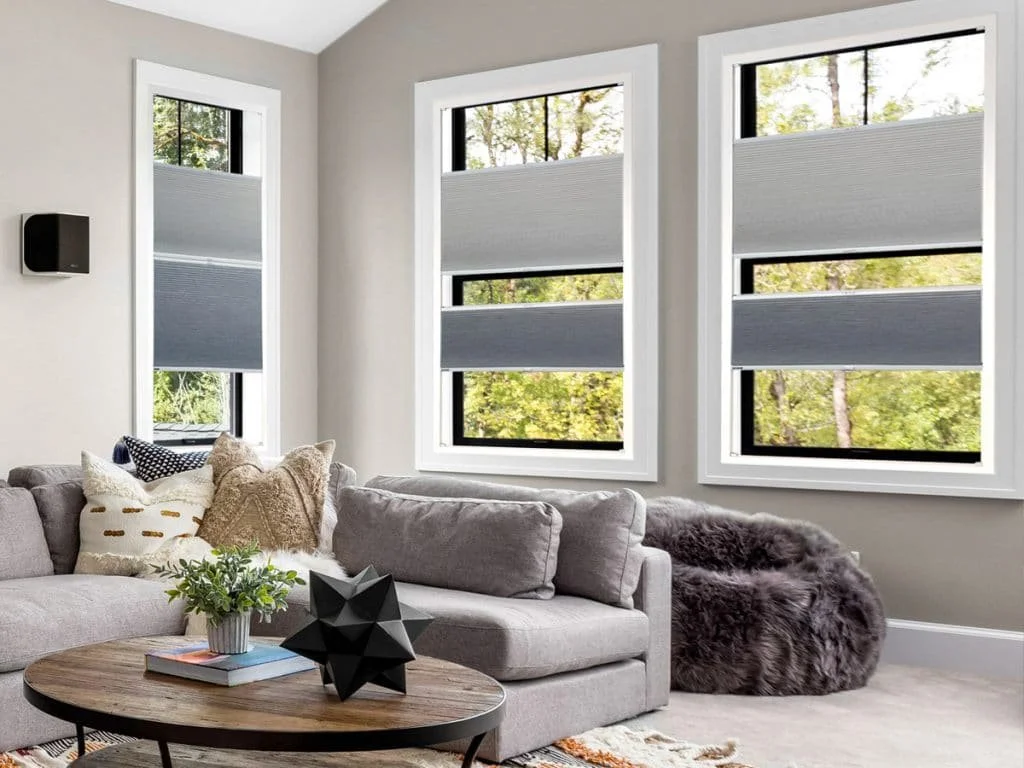 Living room with gray sectional sofa, decorative pillows, coffee table with a potted plant, and three windows with gray blinds showing trees outside.