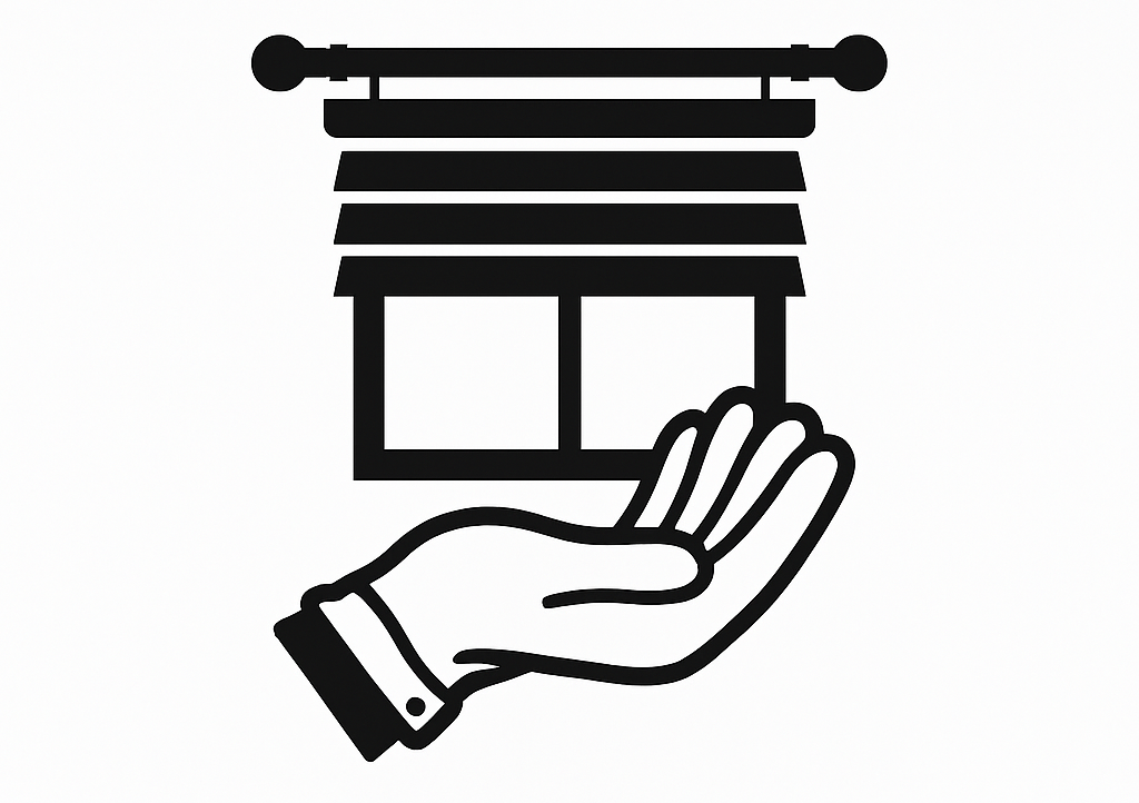 Illustration of a hand reaching out to a house with a porch and window, symbolizing assistance or support for housing.