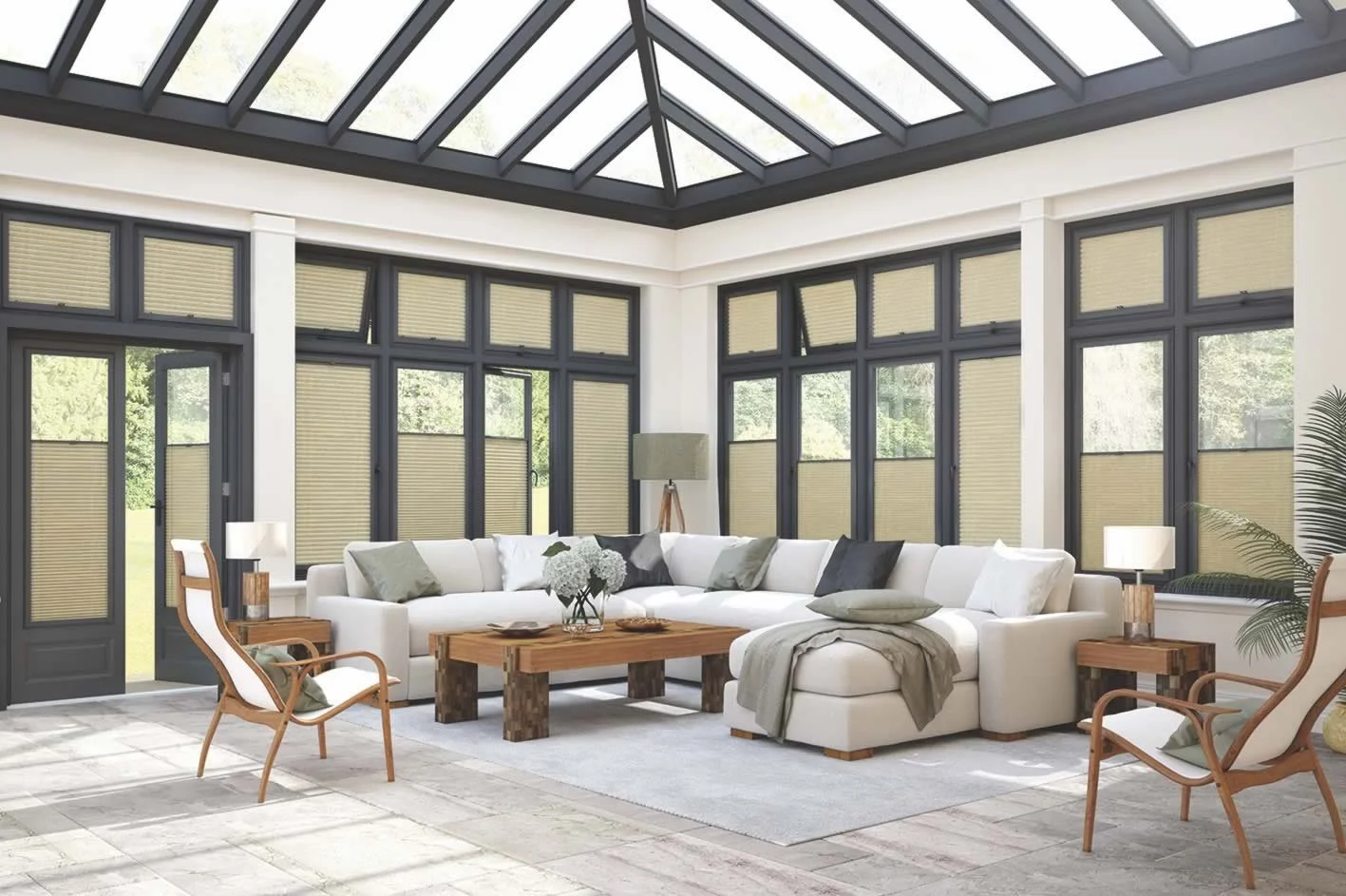 modern, comfortable, bright sunroom with honeycomb, cellular shades covering large, black-framed windows and a glass ceiling, furnished with a white sectional sofa, wooden chairs, a wooden coffee table, and decorative pillows.