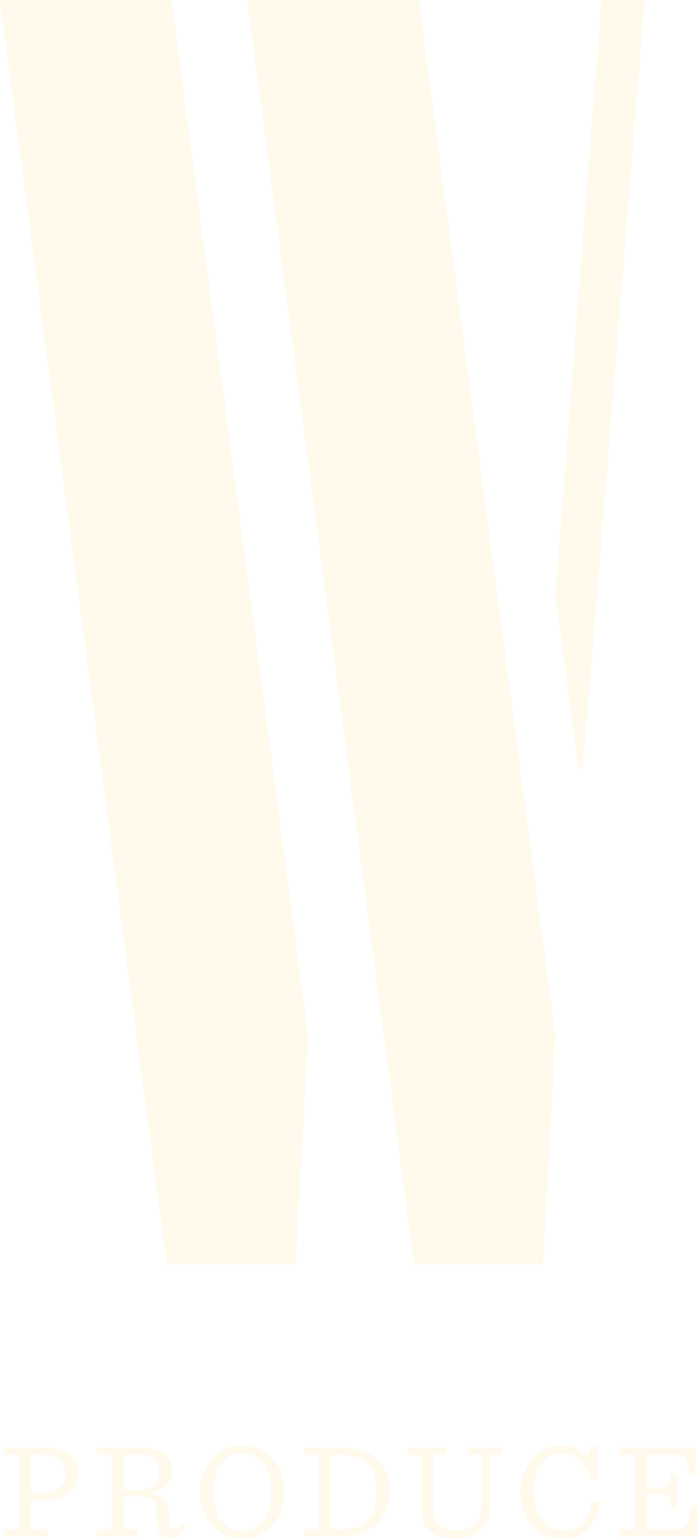 Minimalist black-and-cream graphic with abstract vertical shapes and the word “PRODUCE” at the bottom
