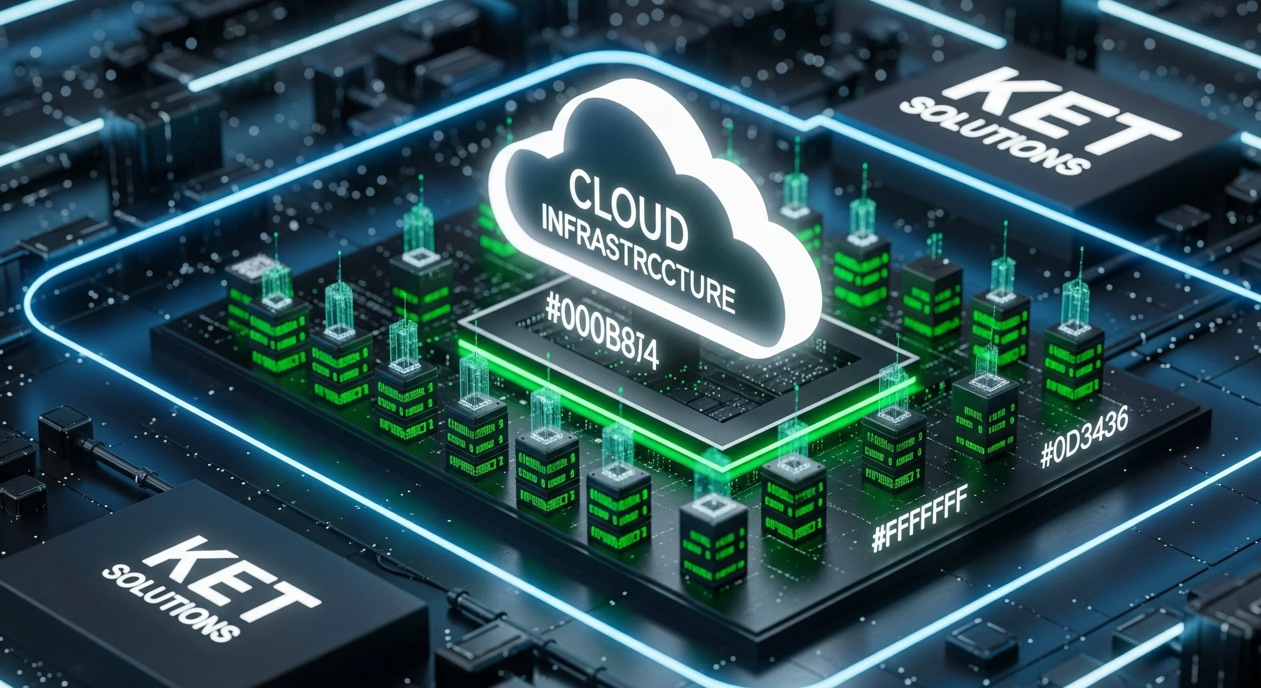 Ilustración de servidores y nube virtual en entorno digital, destacando la infraestructura en la nube de Ket Solutions para empresas de tecnología.