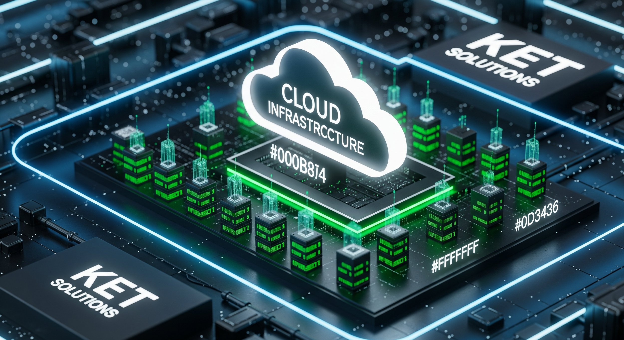 Infraestructura de nube digital con servidores y el logo de Ket Solutions, especializada en servicios cloud, automatización y seguridad IT.