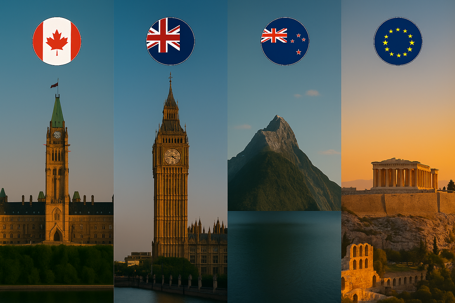 Collage of landmarks: Parliament Hill in Canada, Big Ben in the UK, Mt. Cook in New Zealand, and the Parthenon in Greece, with flags of Canada, UK, New Zealand, and the European Union above each landmark.