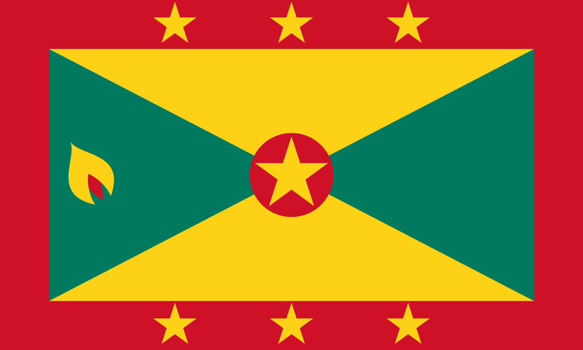 Flag of Dominica with a green diagonal band, yellow triangles, a red circle with a yellow star in the center, and six yellow stars around the border.