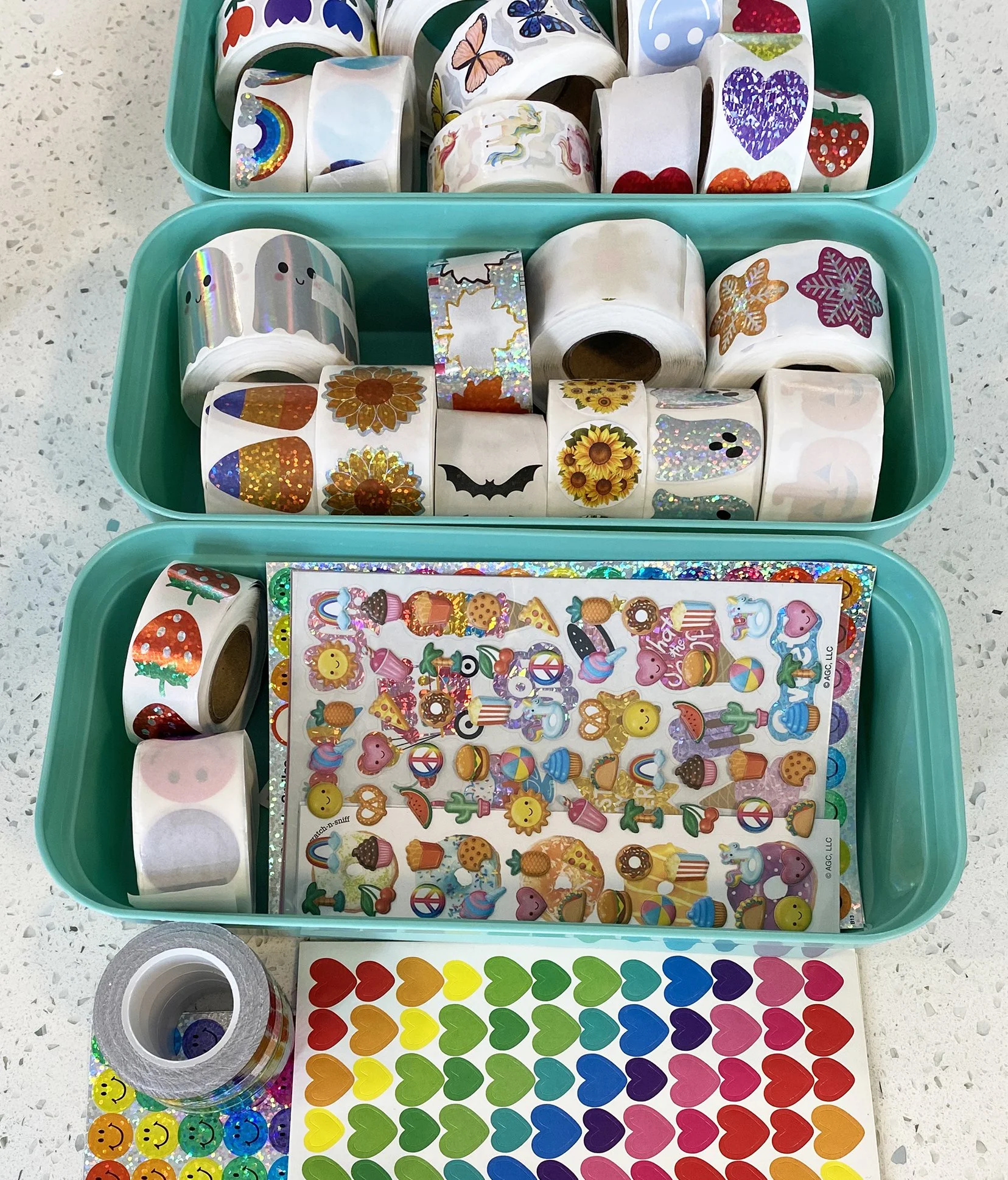 Stickers in bins.