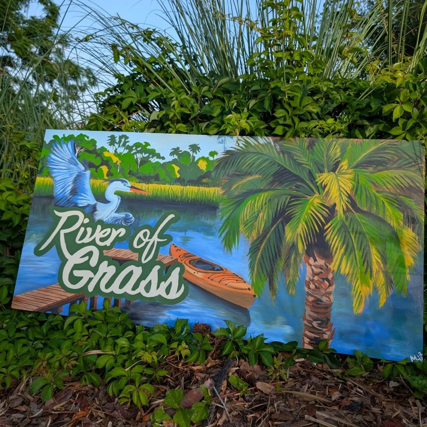 This 4'x2' custom wood sign was a special commission for a coworker, inspired by the beautiful landscape of their Airbnb property. The name River of Grass referencing the Florida Everglades. So grateful to bring their vision to life! Painting this sc