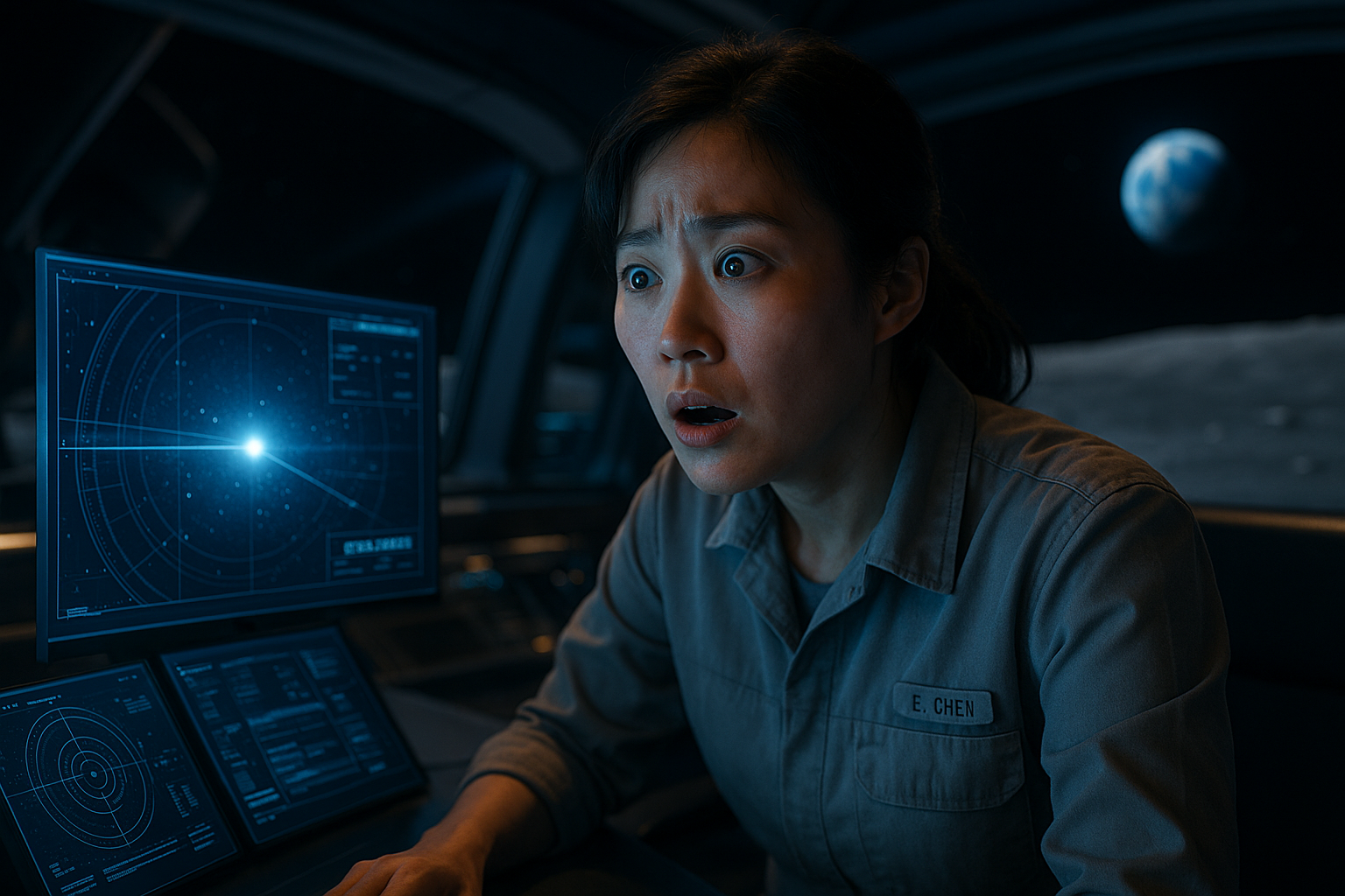 Dr. Elena Chen watching a star chart as the Shepherd appears on her screen
