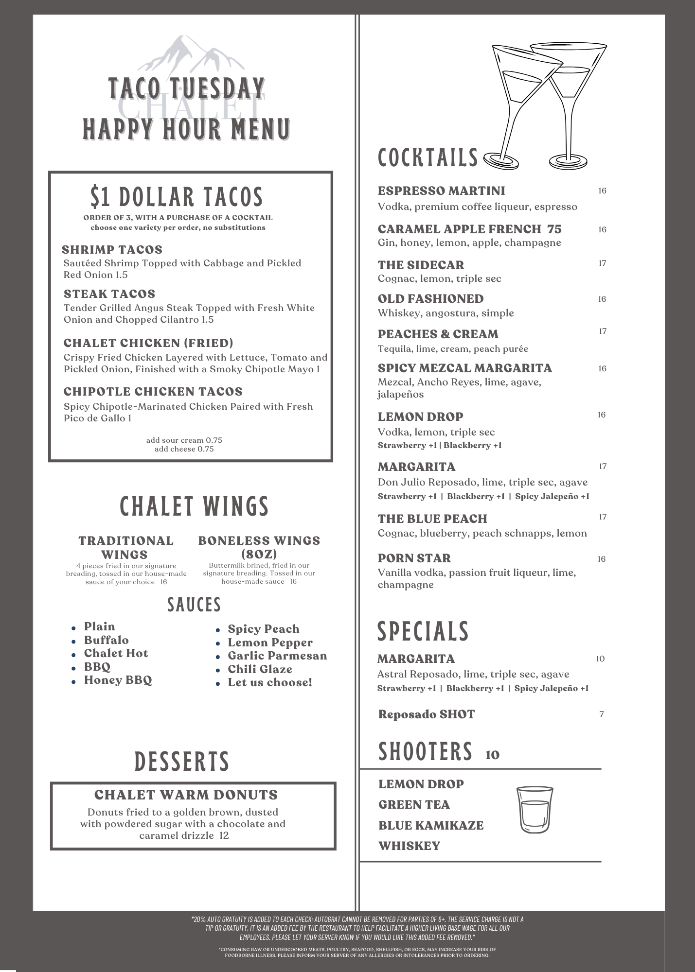 Menu for Taco Tuesday and Happy Hour featuring $1 tacos, wings, various sauces, desserts, and cocktails including espresso martini, caramel apple French, and margaritas. Also has shooters like lemon drop and blue kamikaze, with illustrations of cocktails and a glass.