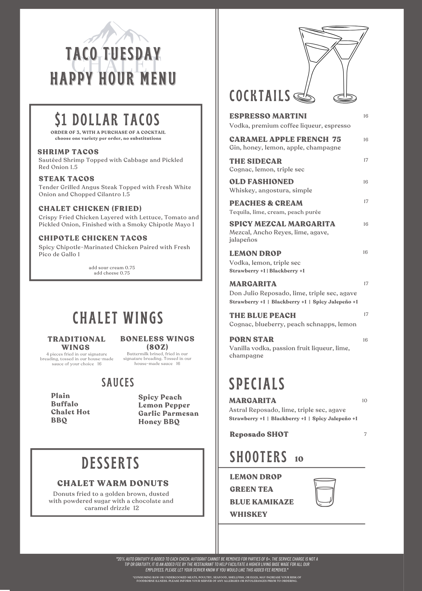 Restaurant menu with sections for happy hour, tacos, wings, desserts, cocktails, specials, and shooters, including various food and drink options.
