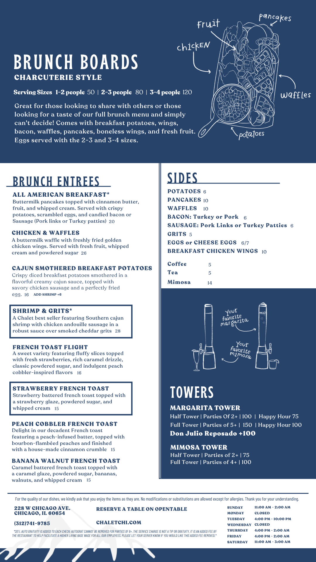 Menu for Brunch Boards with charcuterie style, featuring brunch entrees like American breakfast, chicken and waffles, Cajun smothered breakfast potatoes, shrimp and grits, French toast options, and sides including potatoes, pancakes, waffles, bacon, sausage, eggs, cheese eggs, breakfast chicken wings, and beverages. The menu includes illustrations of towers with customizable margarita and mimosa options.