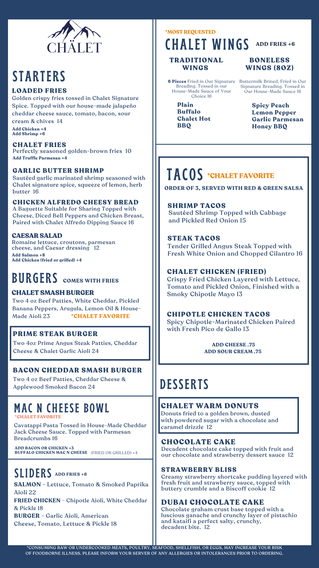 Menu from Chalet featuring starters, wings, burgers, tacos, desserts, and more, with prices and descriptions.
