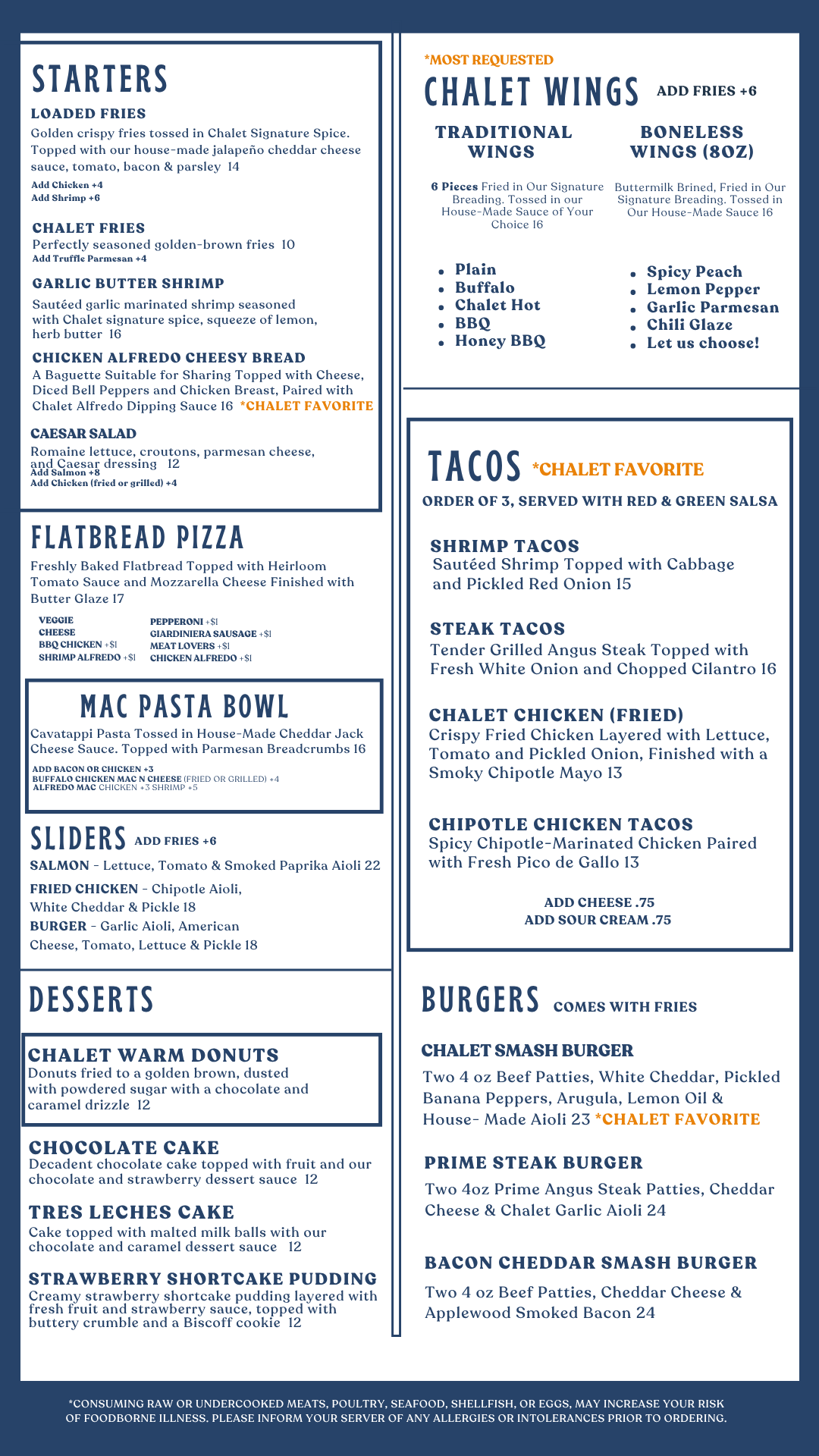 Restaurant menu featuring starters, flatbread pizza, mac pasta bowl, sliders, desserts, wings, tacos, and burgers, with prices and ingredients listed.