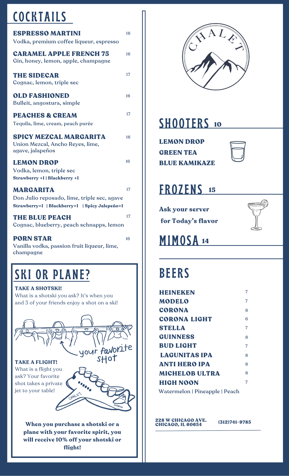 Bar menu featuring cocktails, shots, frozen drinks, beers, and specials at Challet. The menu includes drink names, descriptions, prices, and illustrations of a Detroit-style shoe, a group of people celebrating with a shot, and a cocktail glass.